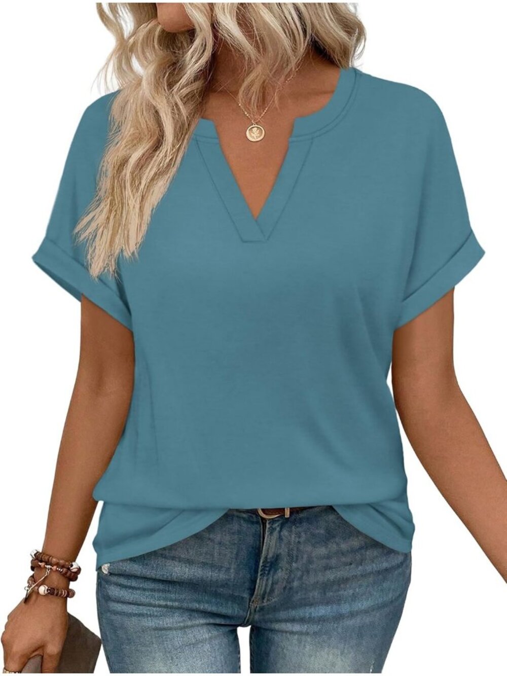 Women's T-Shirts Blue Green V Neck Short Sleeve Casual Dressy Summer Comfort